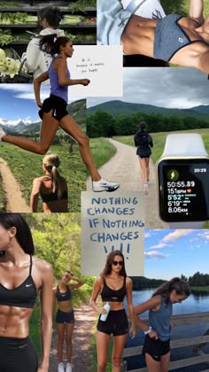 a collage of photos with women running, jogging and texting on their watches