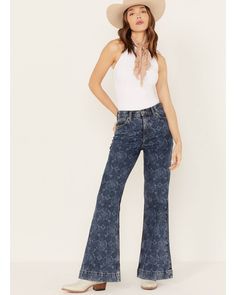 Model is 5'10 wearing a size 26 Medium wash Flare Denim Jeans, Floral Denim, Trouser Pants Women, Printed Denim, Denim Flares, Modern Fashion, Black Stretch, Wide Leg Jeans, Bell Bottoms