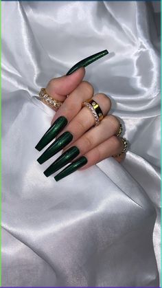 The most stunning shade of green you will ever set eyes on. With extreme sparkle in a deep shade of forest green  Shown in XL coffin Nail glue is included Prep kit sold separately Emerald Acrylic Nails Coffin, Extreme Square Nails, Crazy Green Nails, Square Extreme Nails, Viridian Green Nails, Cute Xl Nails, Dark Emerald Nails, Coffin Extreme Nails, Dark Emerald Green Nails With Gold