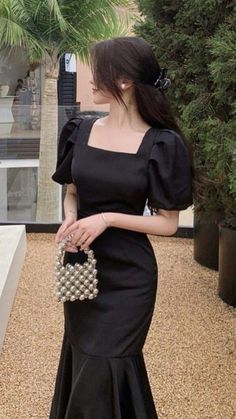 Farewell Dresses, Black Mermaid Prom Dress, Dress Korea, Black Dresses Classy, Black Dress Outfits, Trendy Dress Outfits, Elegant Dresses Classy, Korean Fashion Dress