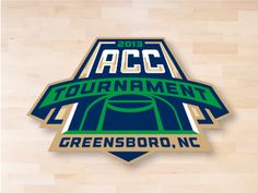 the logo for the 2013 acc tournament is shown on a basketball court with wood flooring