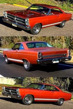 three different pictures of an old red car