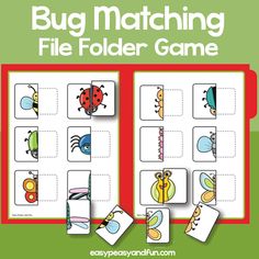 the bug matching file folder game is shown in red, green and white with pictures of bugs