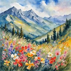 a painting of mountains and flowers in the foreground