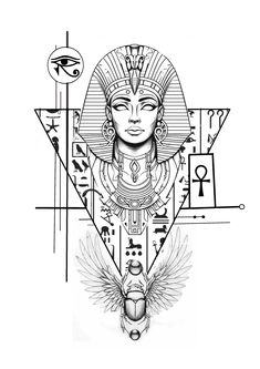 an egyptian tattoo design with the head of queen nefere and symbols on it