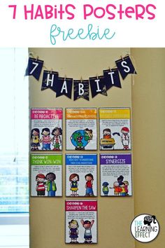 a bulletin board with the words 7 habit posters on it, and an image of children's books