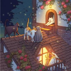 three cats sitting on top of a roof looking out at the night sky and stars