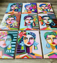 six paintings of women with colorful hair and earrings on wooden boards, all painted in different colors