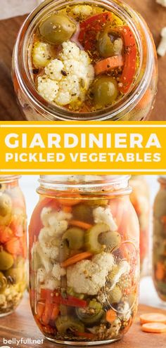 two jars filled with pickled vegetables on top of a wooden table