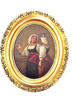 an oval painting with a woman holding a vase