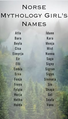 a poster with the names of different types of trees in front of foggy mountains