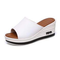 Summer Mode Womens Casual Breathable Slip on Beach Slippers Modern Slip-on Clogs For Summer, White Flat Slip-ons For Summer, White Slip-ons With Rubber Sole For Summer, Comfortable Slip-ons For Summer Vacation, White Synthetic Slip-on Slippers, White Summer Wedge Sandals, Comfortable Flat Synthetic Platform Slippers, Comfortable Flat Platform Slippers, Leather Round Toe Platform Slippers For Vacation