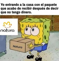 a cartoon character carrying a box with the caption nattura