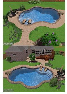 an aerial view of a backyard with a pool and hot tub