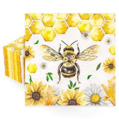 bees and sunflowers on white paper napkins