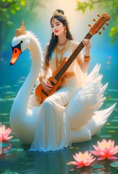 a woman sitting on top of a swan holding a guitar