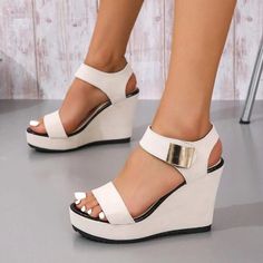 Brand New Cream Slip-on Wedge Sandals For Beach, White Leather Slip-on Wedge Sandals, Platform Casual Shoes, Affordable Beige Slip-on Wedge Sandals, Beige Wedge Heels With 4-inch Heel, Beige Synthetic Wedge Sandals With 4-inch Heel, Womens Wedges, Womens Shoes Wedges, Shoes Color