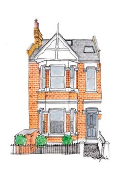 a drawing of a brick house with a blue door