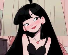 an animated image of a woman with long black hair, wearing a bra and looking at the camera