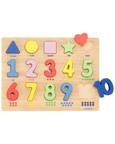 a wooden puzzle with numbers and shapes