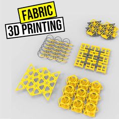 some yellow and black items on a white surface with the words fabric 3d printing above them