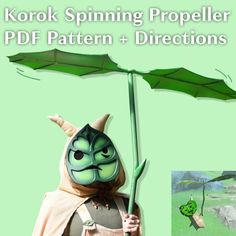 a person wearing a mask and holding an umbrella with the caption korok spinning propellor pdf pattern + directions