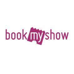 the bookmysho logo is shown on a white background with purple letters and pink shapes