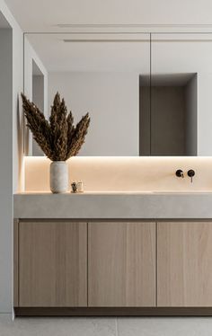 a bathroom with a sink, mirror and plants on the counter top in front of it