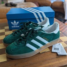 Gazelle Indoor Shoes, Us Size 9 Mens, Uk 8.5. Brand New In Box! Collegiate Green Color With Gum Rubber Soles. Bought The Wrong Size For Someone As A Gift, And Can't Return Now. Perfect Condition, Includes The Original Box And Tags. Modern Green Adidas Sneakers, Retro Green Adidas Sneakers, Green Adidas Sneakers For Streetwear, Adidas Samba Collegiate Green, Adidas Gazelle Collegiate Green, Adidas Shoes Originals, Trending Sneakers, Adidas Gazelle, Adidas Men