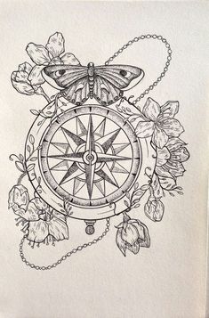 a black and white drawing of a butterfly on a compass