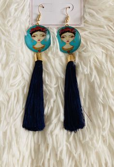 Frida Kahlo Pompom Earrings Navy Blue Pompom Earrings, Pom Earrings, Pom Pom Earrings, Pom Pom, Navy Blue, Navy, Blue, Frida Kahlo