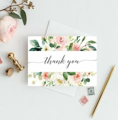 a thank card with pink flowers and greenery