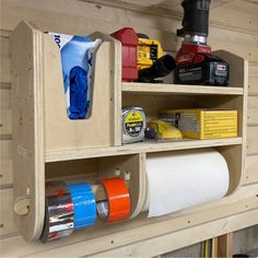 a wooden shelf filled with lots of different items