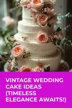 a white wedding cake with pink flowers on top and the words vintage wedding cake ideas timeless elegance awaits