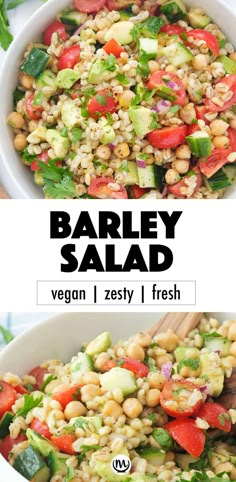 barley salad with vegetables and chickpeas in a white bowl