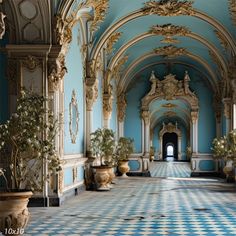 an ornately decorated hallway with blue walls and flooring is pictured in this image