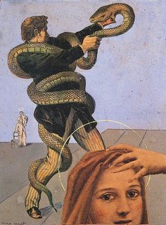 a painting of a woman holding a snake over her head, with an image of a man in the background