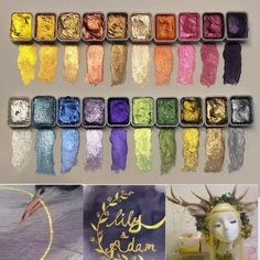 there are many different colored powders in this collage, and one has a headdress on it