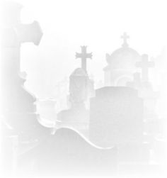 black and white photograph of crosses in the fog