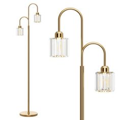 three light floor lamp with clear glass shades and gold metal poles, one on each side