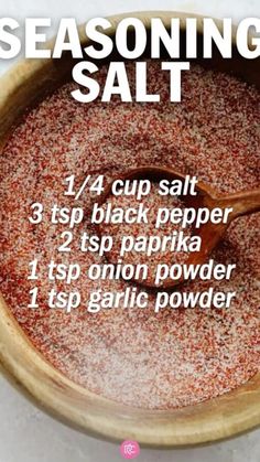 seasoning salt in a wooden bowl with text describing how to use it for cooking