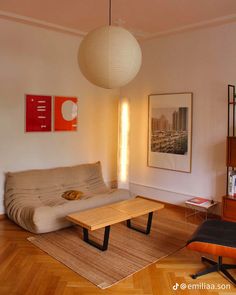 a living room with a couch, coffee table and bookshelf on the wall