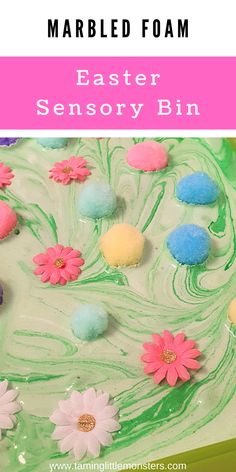 an easter cake decorated with flowers and icing on a green tablecloth that says marbled foam