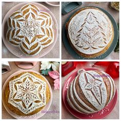 four different pictures of cakes with frosting on them