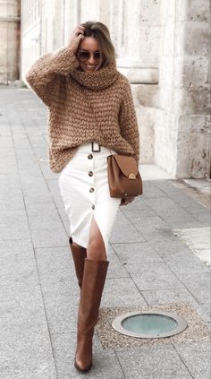 Autumn Outfits, Cute Fall Outfits, White Skirt, Looks Chic, Autumn Outfit, 가을 패션, Brown Sweater, Fall Fashion Outfits