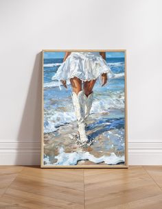 a painting of a woman's legs in white shoes walking into the ocean on a sunny day