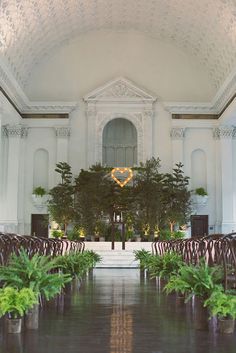 the interior of a church with rows of chairs and plants on the pews lined up