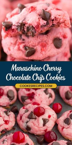 maraschino cherry chocolate chip cookies with text overlay