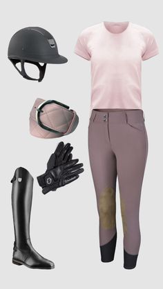 the equestrian outfit includes riding boots, gloves and helmet for horse riders to wear on their horses