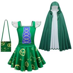 the costume is green and has blue details on it, while the dress is white